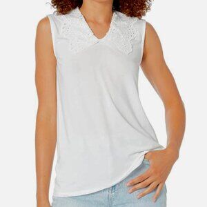 NWT H HALSTON Sleeveless V-Neck White Eyelet Pullover Top, large